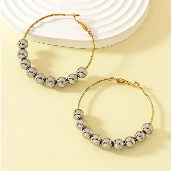 Gold Hoop Silver Ball Earrings, Oversized, Exaggerated, Drop, Dangle, Beaded - Picture 4 of 5